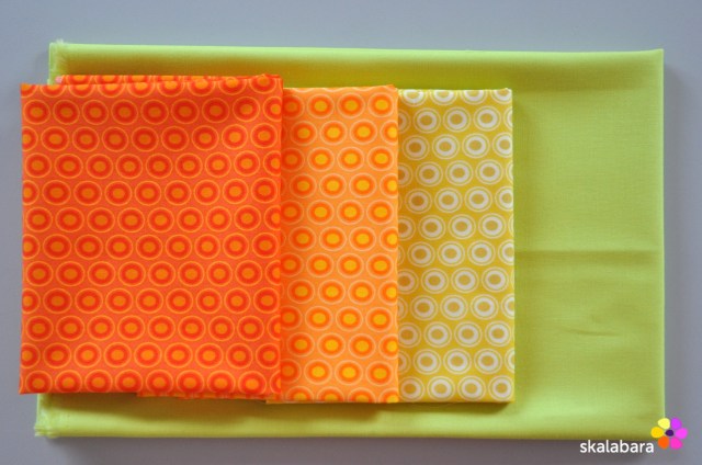 fatquartes in yellow and orange and lime from kona solids - skalabara